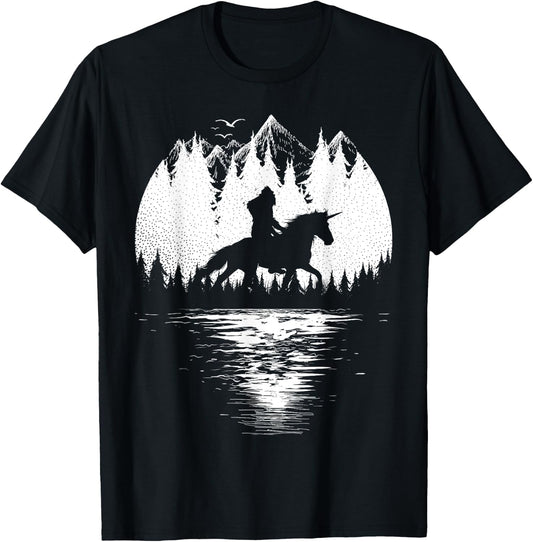 Bigfoot Riding Unicorn amidst Trees! Funny Sasquatch Unicorn T-Shirt - T-Shirt | Black