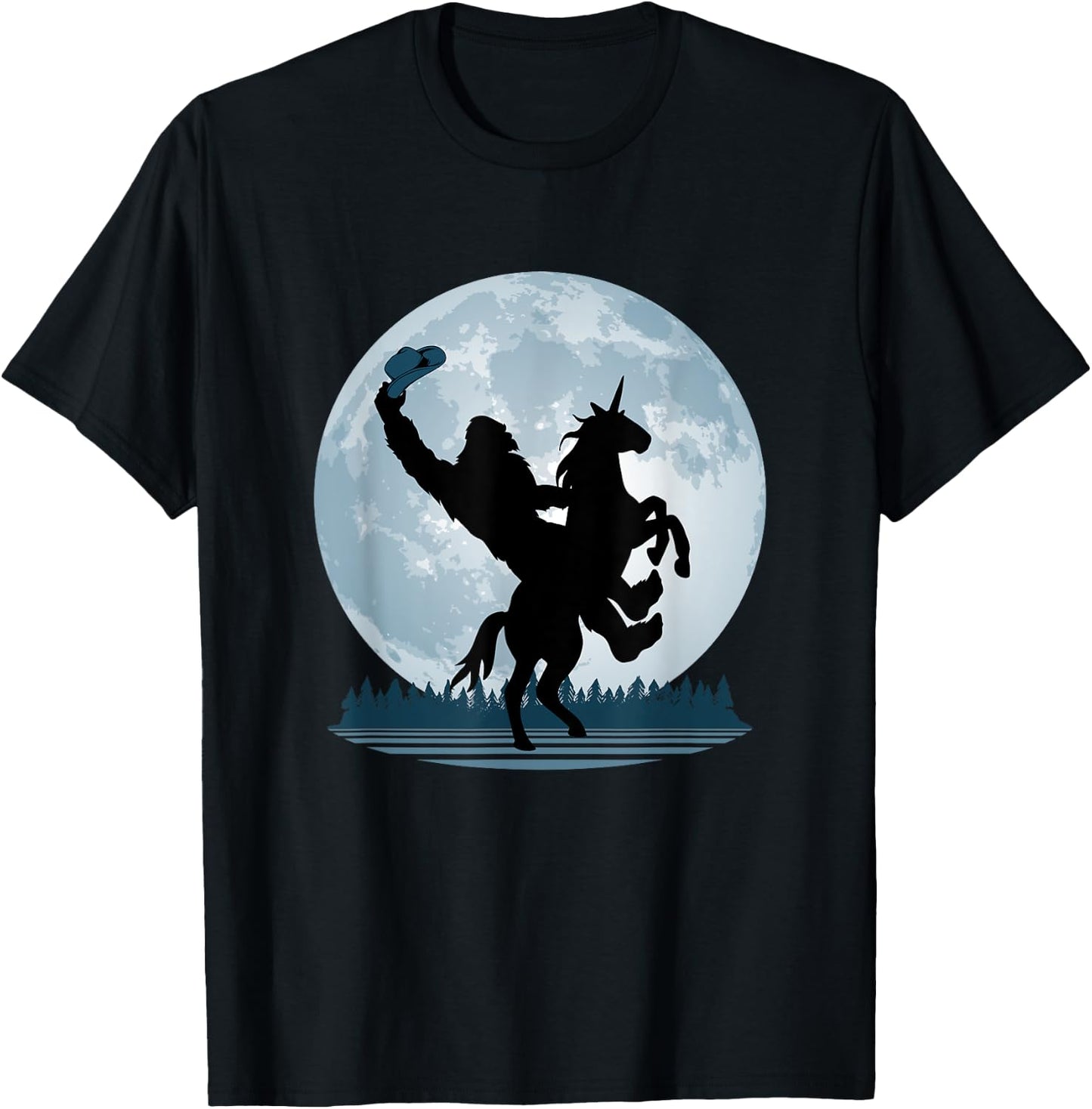 Cowboy Bigfoot on a Unicorn - Sasquatch Full Moon Forest T-Shirt - T-Shirt | Black
