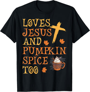 Funny Halloween Loves Jesus And Pumpkin Spice Too T-Shirt - T-Shirt | Black