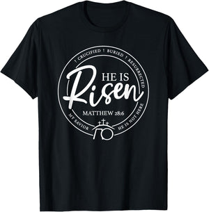 Easter He Is Risen He Is Not Here Matthew 28:6 White Text T-Shirt - T-Shirt | Black