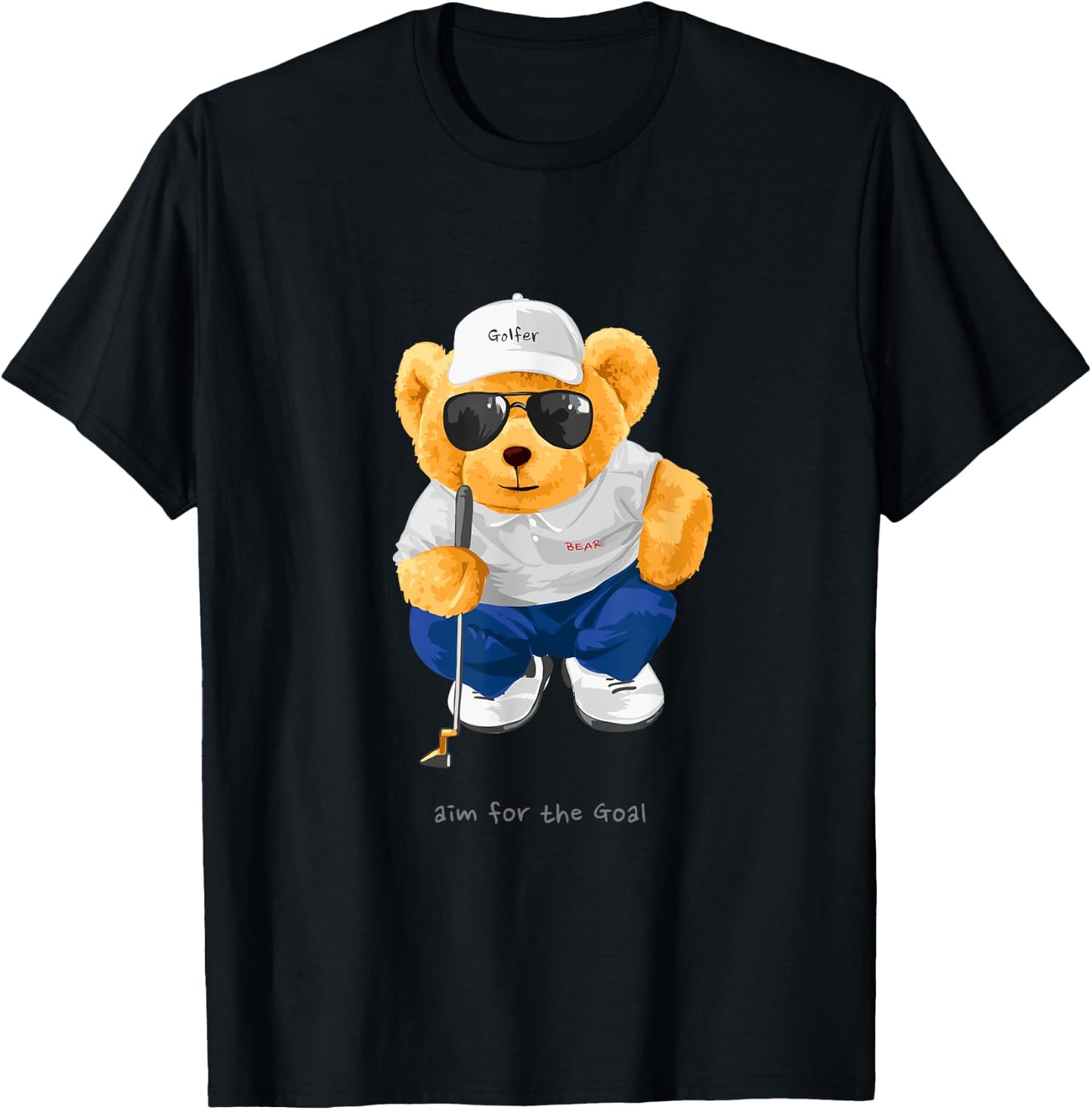 Cool Wild Teddy Bear Playing Golf Style Illustration Graphic T-Shirt - T-Shirt | Black