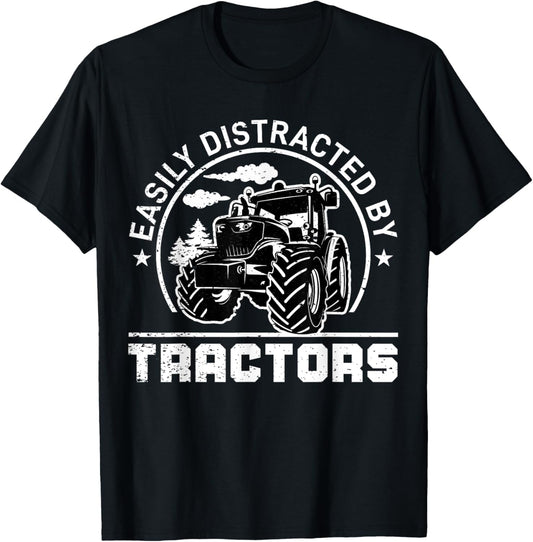 Easily Distracted By Tractors Funny Farm Tractor Enthusiast T-Shirt - T-Shirt | Black