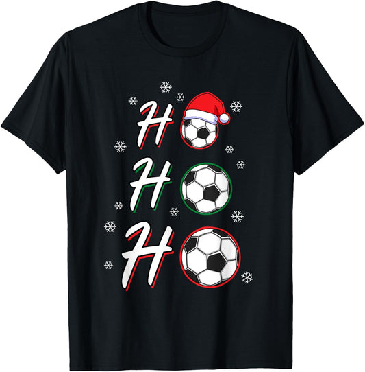 Ho Ho Ho Soccer Ball Wearing Santa Hat Soccer Christmas T-Shirt - T-Shirt | Black