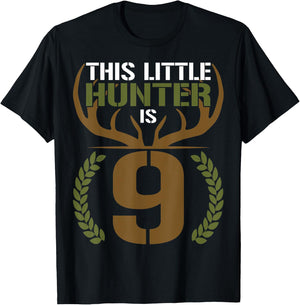 This Little Hunter is 9 Years Old 9th Birthday Deer Hunter T-Shirt - T-Shirt | Black