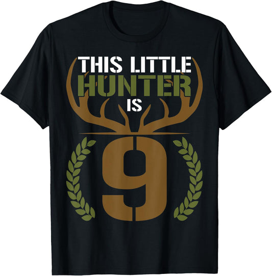 This Little Hunter is 9 Years Old 9th Birthday Deer Hunter T-Shirt - T-Shirt | Black