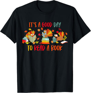 Funny Turkey Reading Book Librarian Bookworm Thanksgiving T-Shirt - T-Shirt | Black