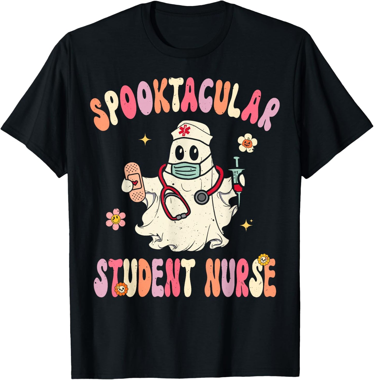 Spooktacular Student Nurse Retro Halloween Ghost Nursing T-Shirt - T-Shirt | Black