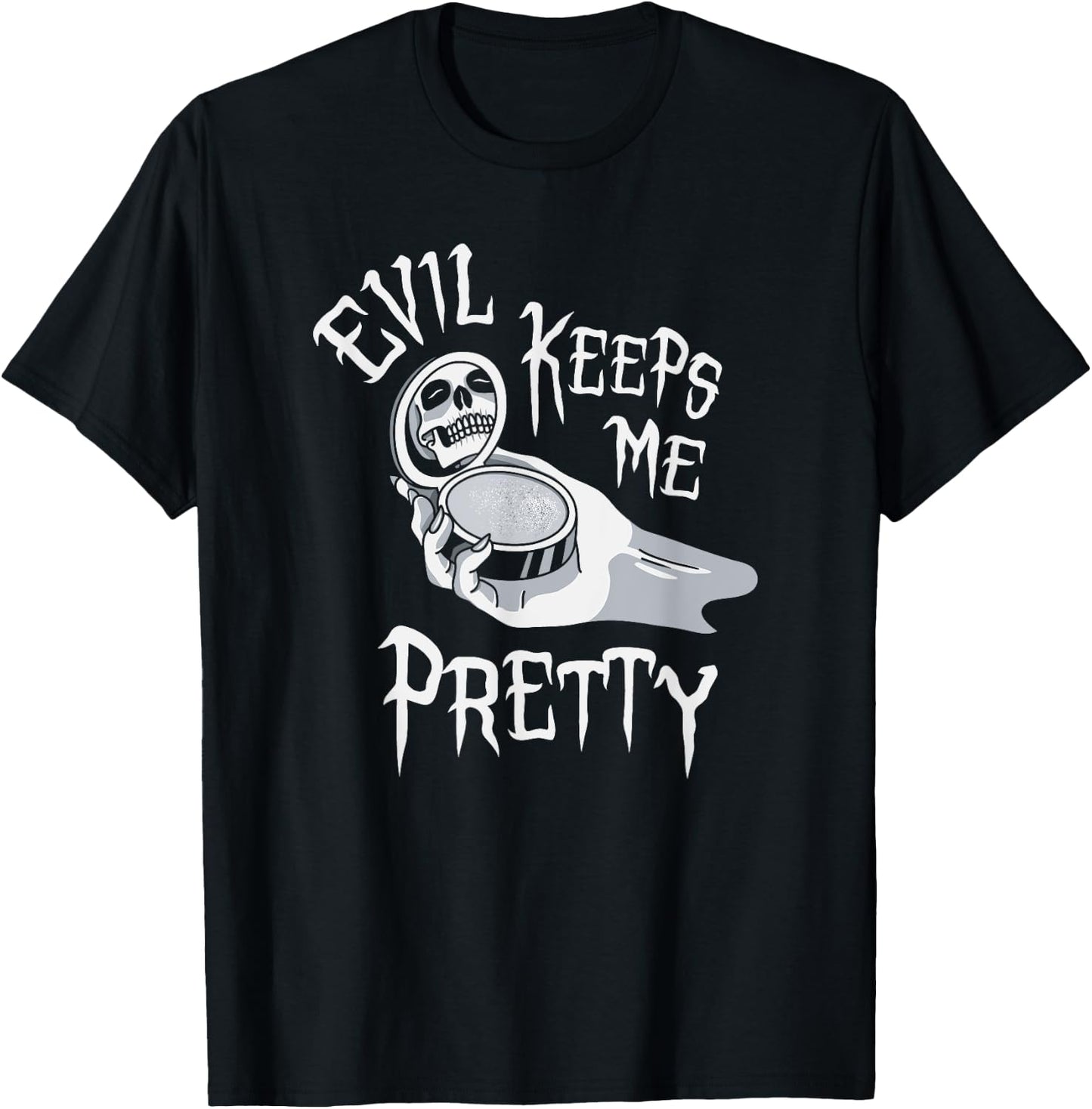 Evil Keeps Me Pretty Cosmetic Makeup Compact Skeleton Skull T-Shirt - T-Shirt | Black