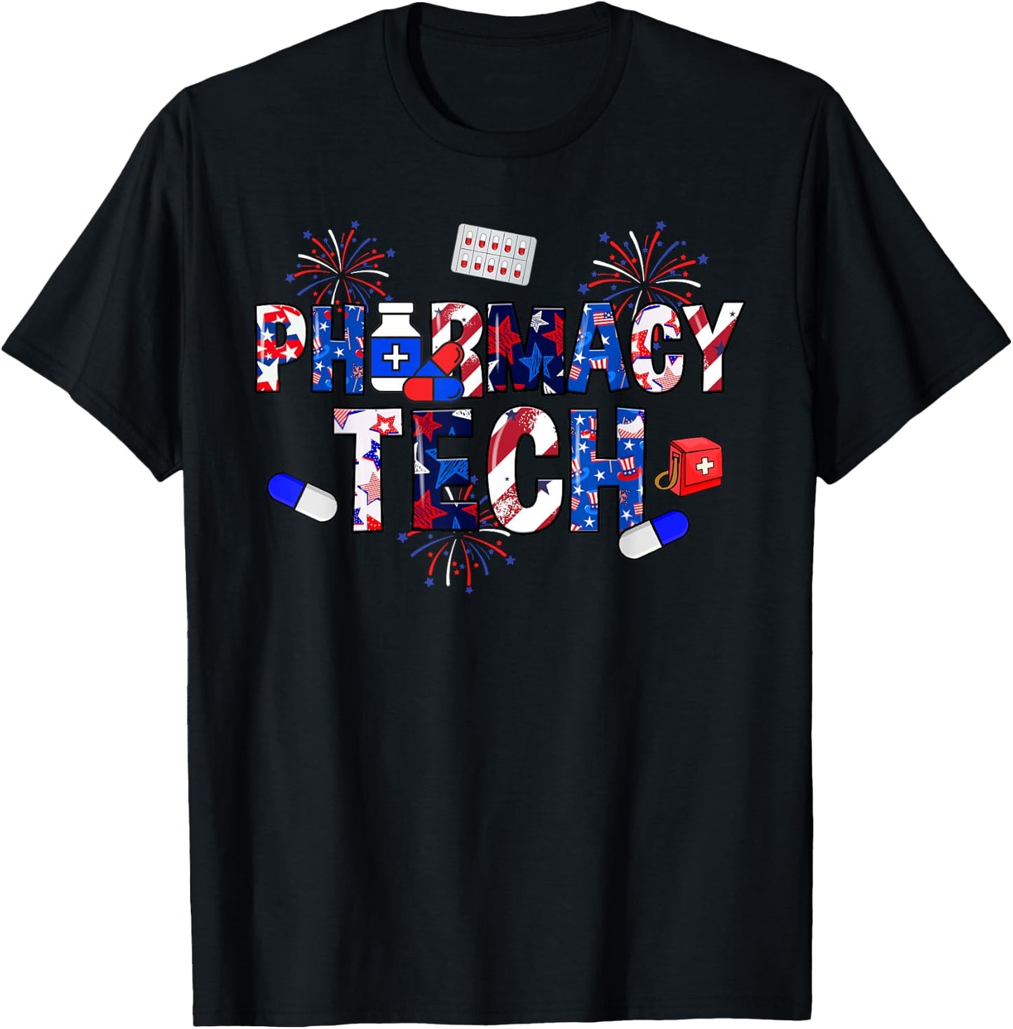 Pharmacy Tech Stethoscope USA Flag Patriotic 4th Of July Men T-Shirt - T-Shirt | Black