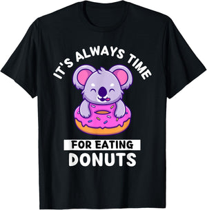 Cute Kawaii Koala It's Always Time For Eating Donuts T-Shirt - T-Shirt | Black