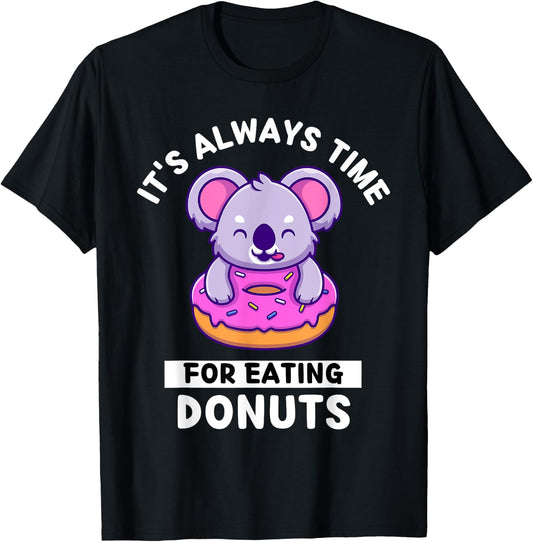 Cute Kawaii Koala It's Always Time For Eating Donuts T-Shirt - T-Shirt | Black