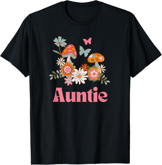 Auntie Aunt Cottagecore Cute Mushrooms and Butterfly Pink T-Shirt - T-Shirt | Black