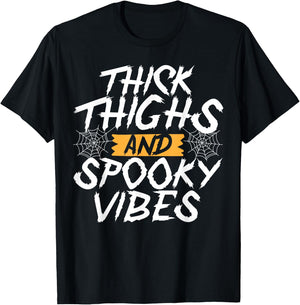 Thick Thighs And Spooky Vibes Funny Halloween Ghost T-Shirt - T-Shirt | Black