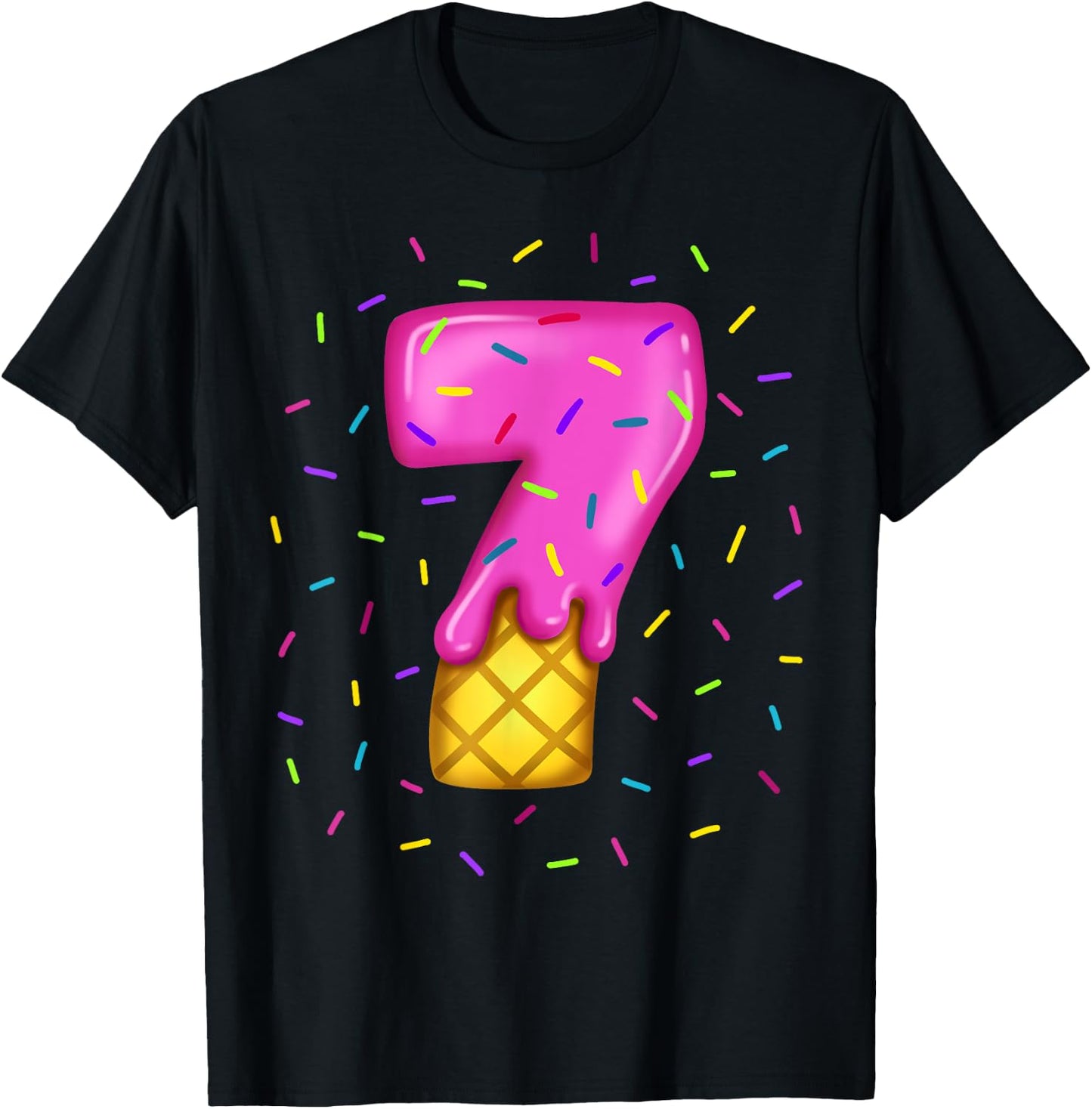 Pink Melting Ice cream Number 7 th birthday sweets sprinkles T-Shirt - T-Shirt | Black