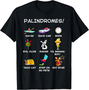 Funny Palindromes Set for Palindromists Word Play Games Pun T-Shirt - T-Shirt | Black