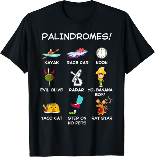 Funny Palindromes Set for Palindromists Word Play Games Pun T-Shirt - T-Shirt | Black