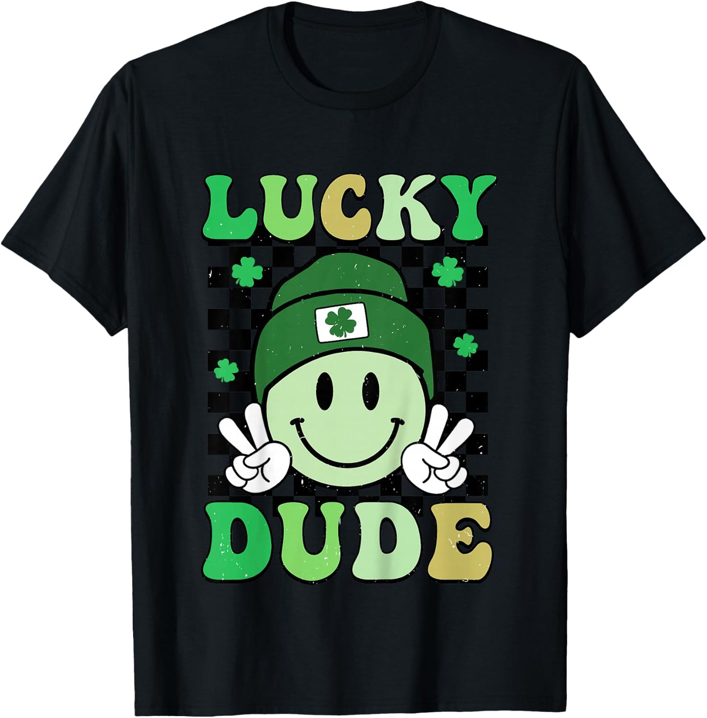Kids Groovy Lucky Dude Shamrock Smile Boys Kids St. Patrick's Day T-Shirt - T-Shirt | Black