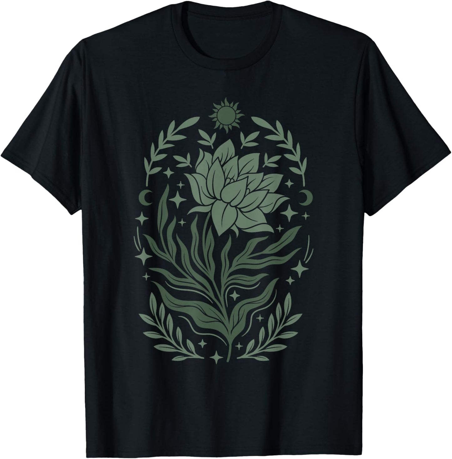 Sage & Green Flowers Sun Crescent Moon Boho Floral Celestial T-Shirt - T-Shirt | Black