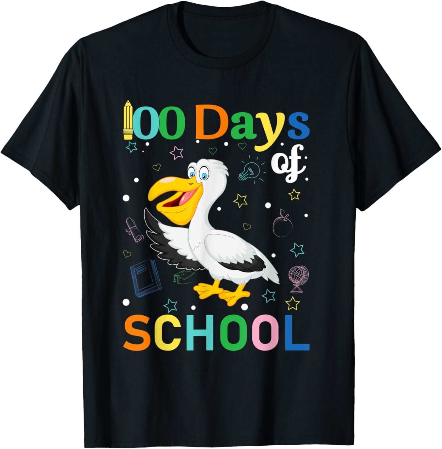 Cute Pelican Lovers Teacher Student 100th Day of School T-Shirt - T-Shirt | Black