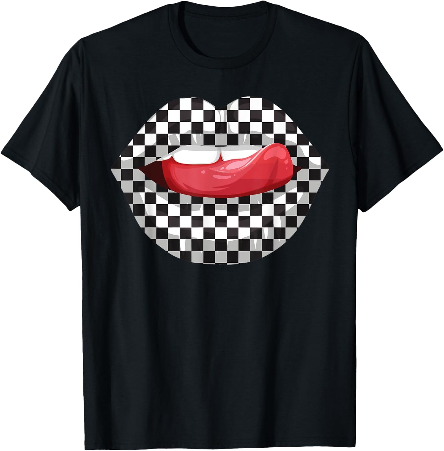 Cute Checkered Art Women Checkerboard Checkered Lips T-Shirt - T-Shirt | Black