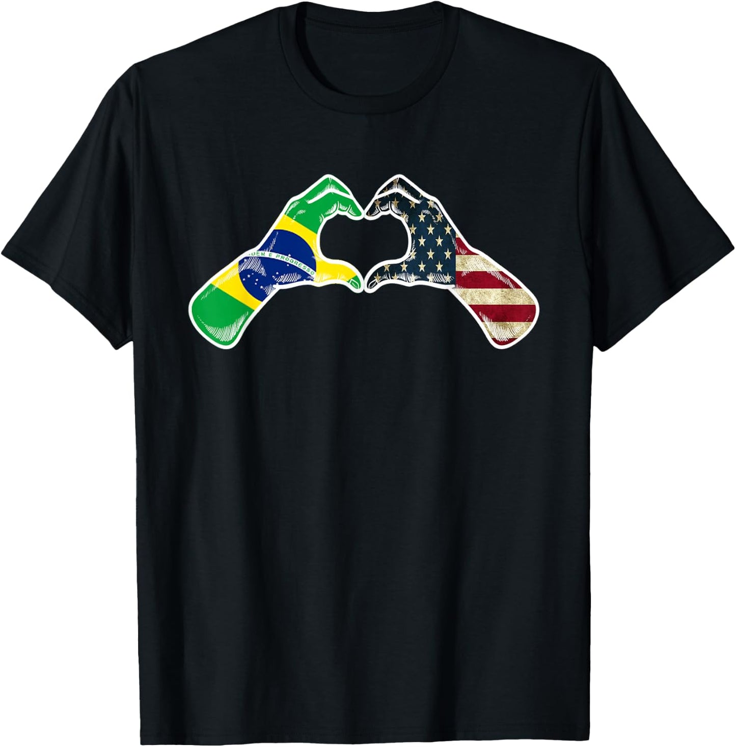 Brazil American USA Flag - USA Brazilian Heart T-Shirt - T-Shirt | Black