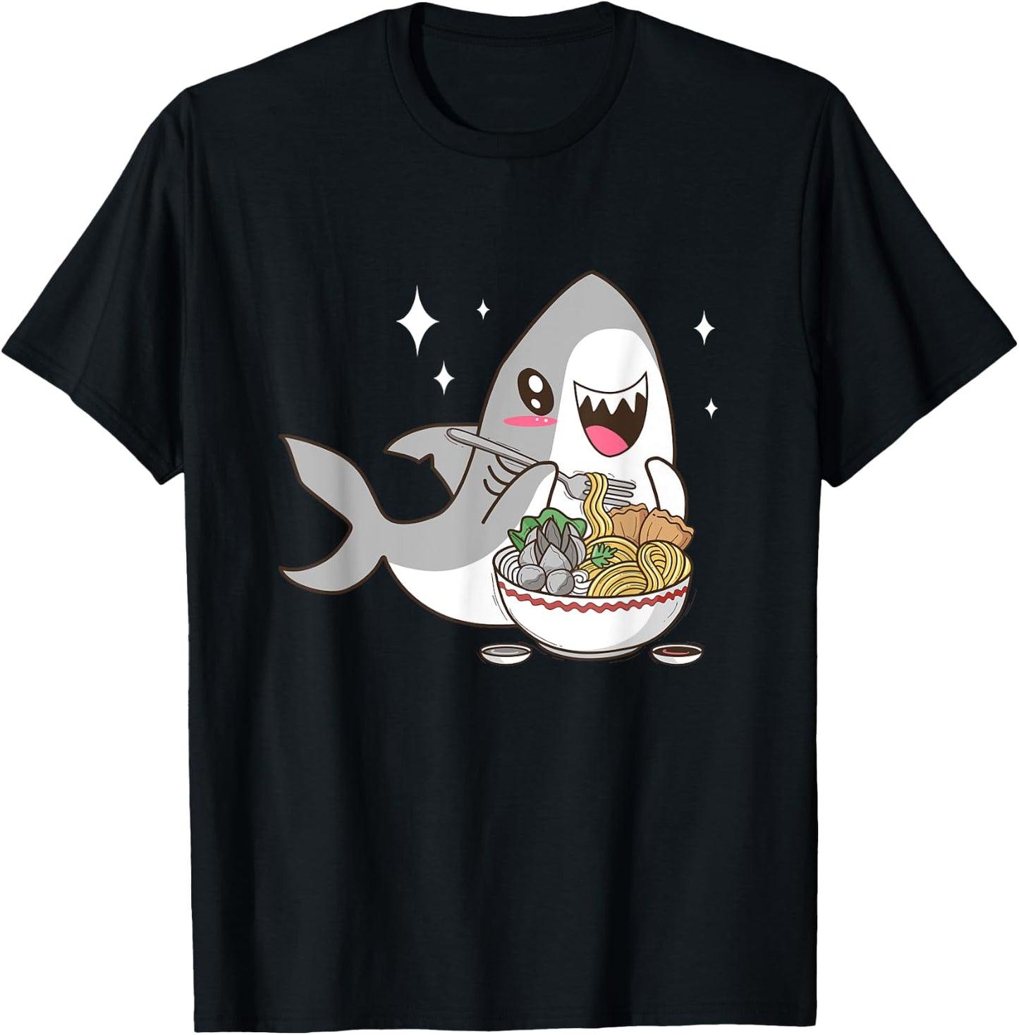 Cute Japanese Anime Chibi Kawaii Shark Eat Ramen Kids Girls T-Shirt - T-Shirt | Black