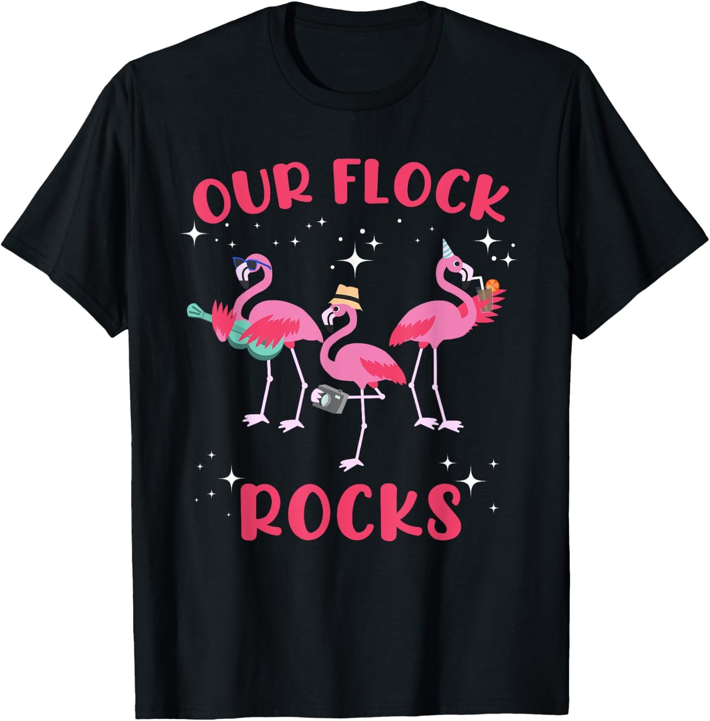Our Flock Rocks Flamingo Matching Family Vacation Group T-Shirt - T-Shirt | Black