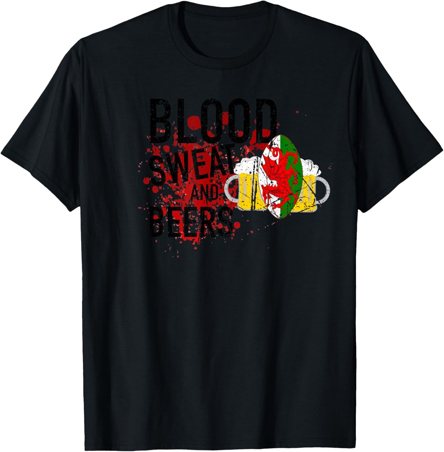 Welsh Rugby Fan Funny Blood Sweat And Beers Wales Rugby Ball T-Shirt - T-Shirt | Black