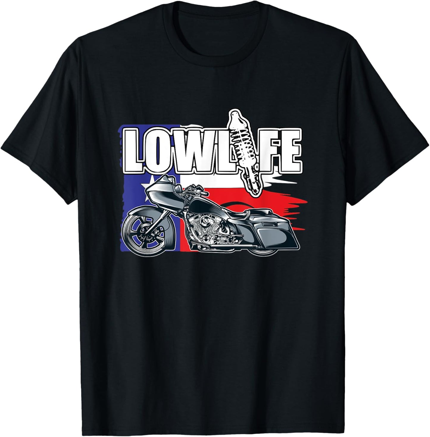 Chicano Vicla. Bagger Motorcycle, Texas Flag, Lowrider Bikes T-Shirt - T-Shirt | Black