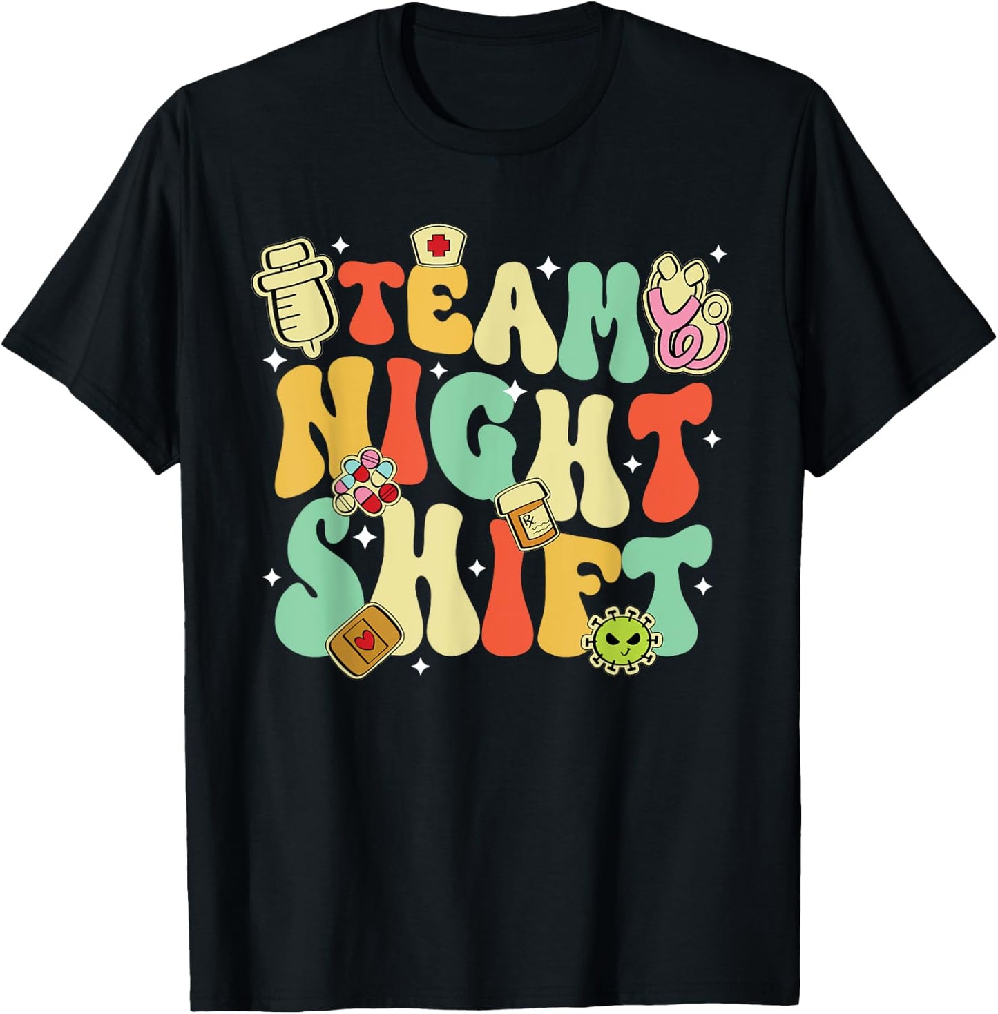 Team Night Shift Nurse Life RN LPN CNA Healthcare Heartbeat T-Shirt - T-Shirt | Black