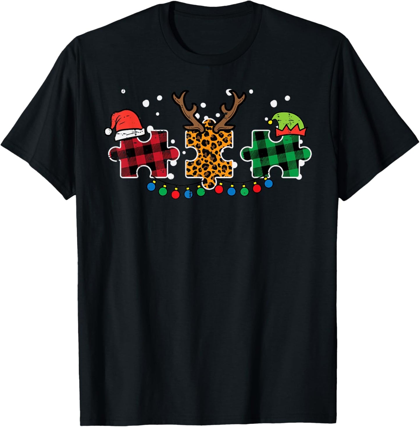 Christmas Leopard Plaid Puzzle Autism Xmas Men Women Kids T-Shirt - T-Shirt | Black