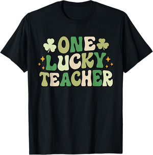 One Lucky Teacher Groovy Retro Teacher St Patrick's Day Men Women Girls Kids T-Shirt - T-Shirt | Black