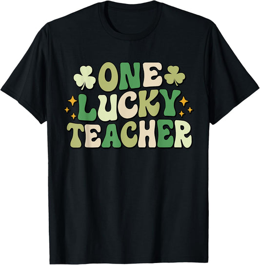 One Lucky Teacher Groovy Retro Teacher St Patrick's Day Men Women Girls Kids T-Shirt - T-Shirt | Black