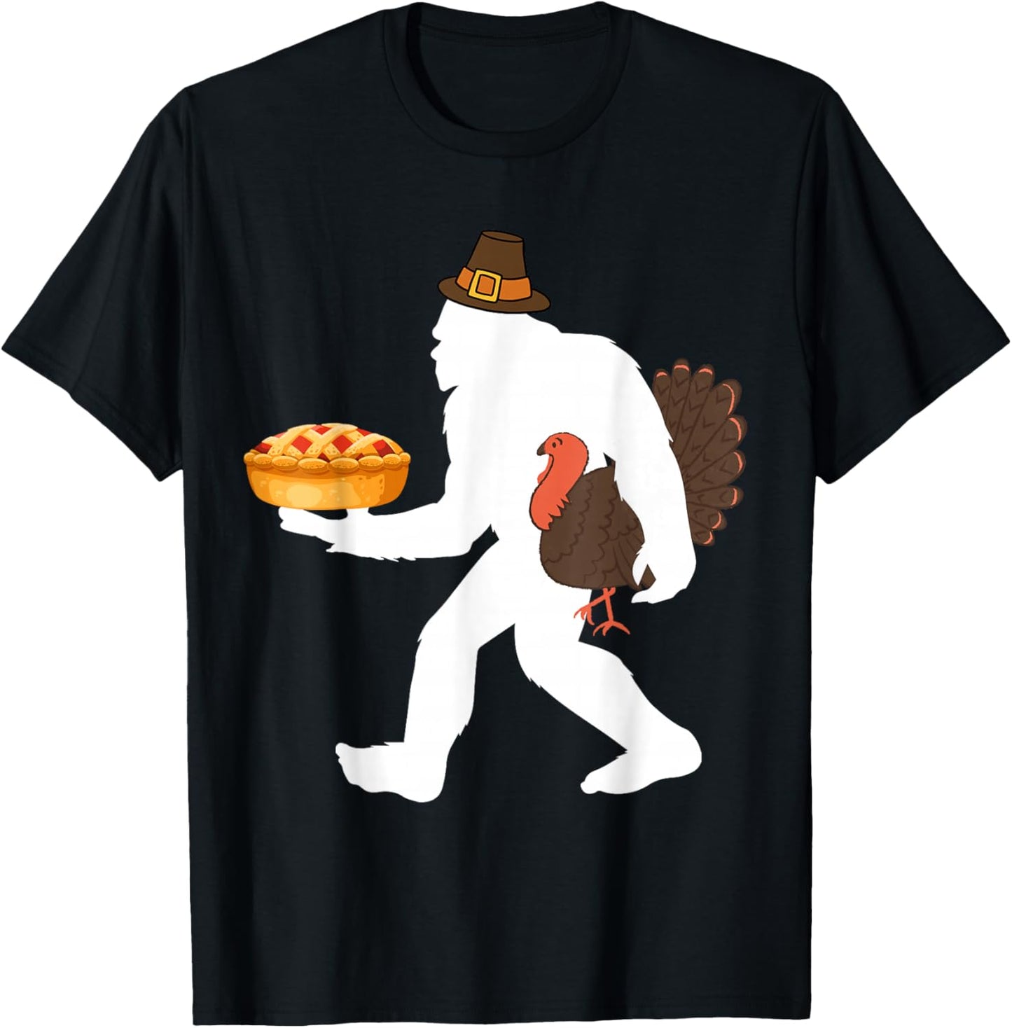 funny bigfoot sasquatch pilgrim pie turkey Thanksgiving T-Shirt - T-Shirt | Black