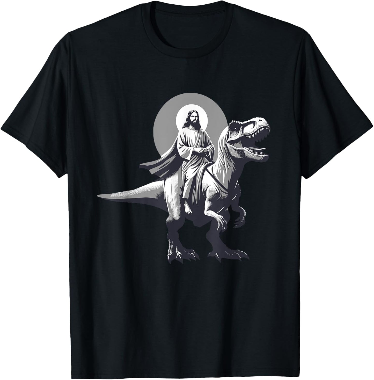 Funny Jesus Riding T-Rex Dinosaur Meme Parody for Believers T-Shirt - T-Shirt | Black