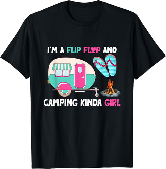 Women Vacation I'm A Flip Flops And Camping Kinda Girl Lady T-Shirt - T-Shirt | Black