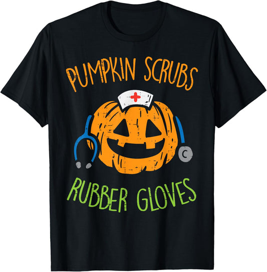 Pumpkin Scrubs Rubber Gloves Halloween Costume Nursing Nurse T-Shirt - T-Shirt | Black
