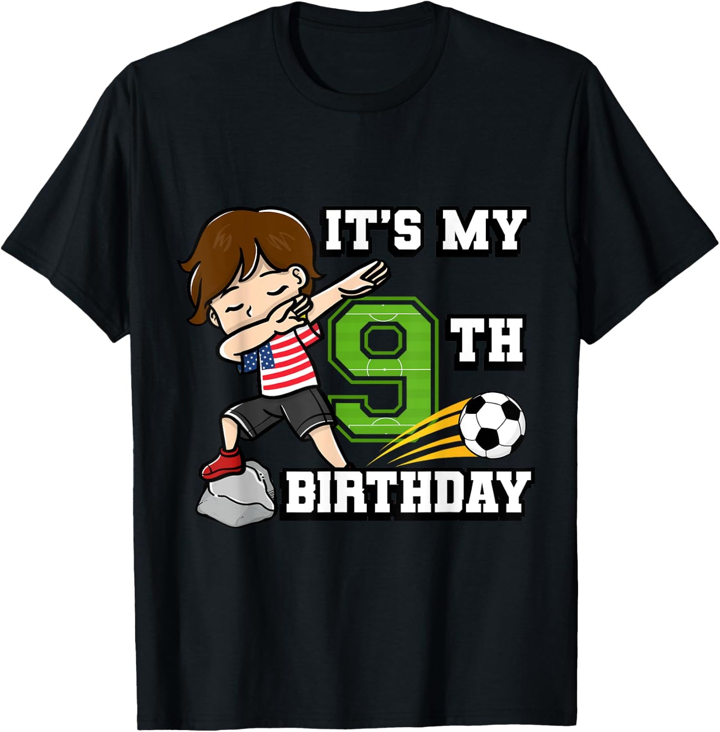 Soccer Boy It's My 9th Birthday American Flag T-Shirt - T-Shirt | Black
