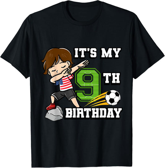 Soccer Boy It's My 9th Birthday American Flag T-Shirt - T-Shirt | Black