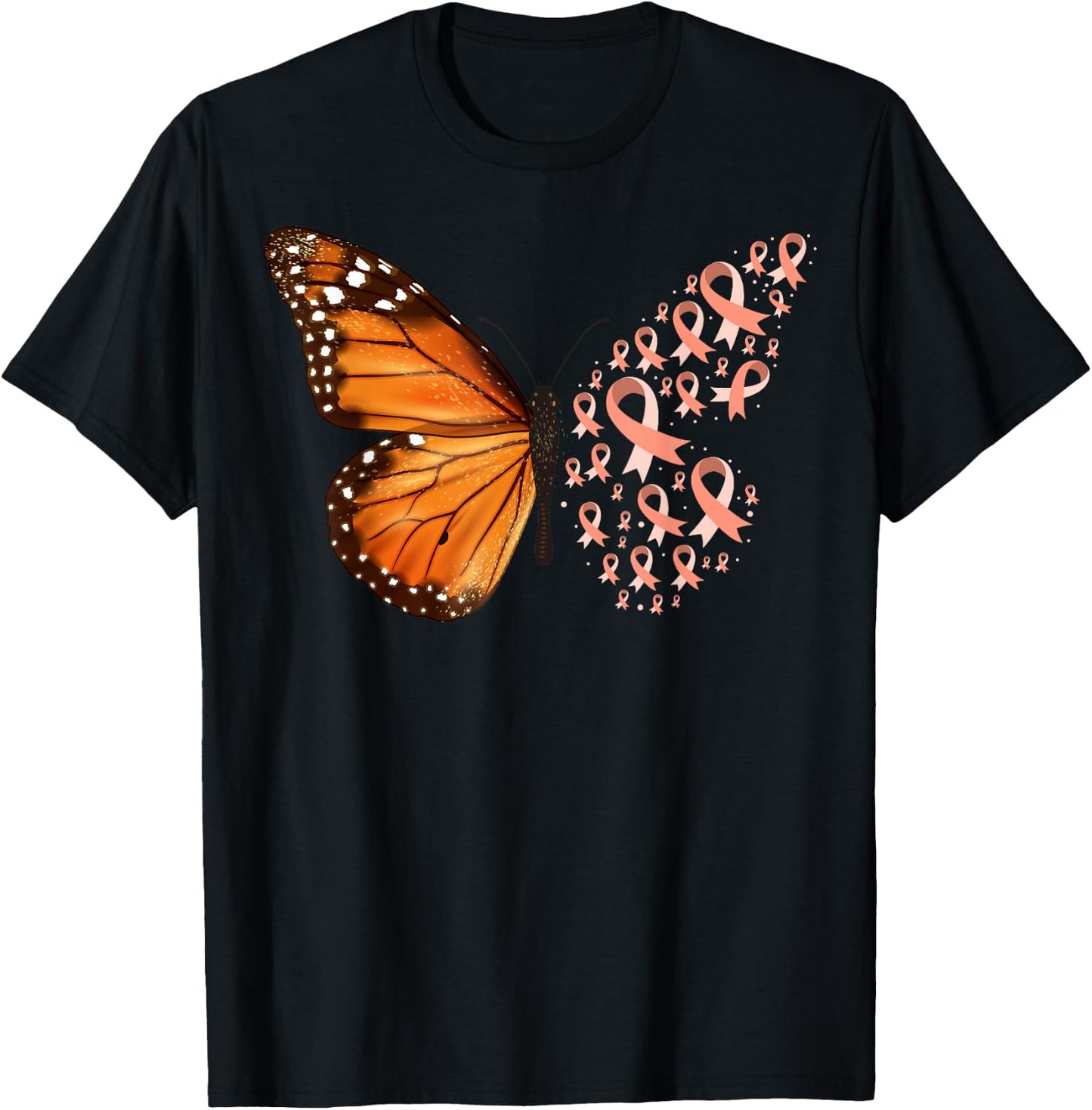 Endometrial Cancer Awareness Butterfly Peach Ribbon Month T-Shirt - T-Shirt | Black