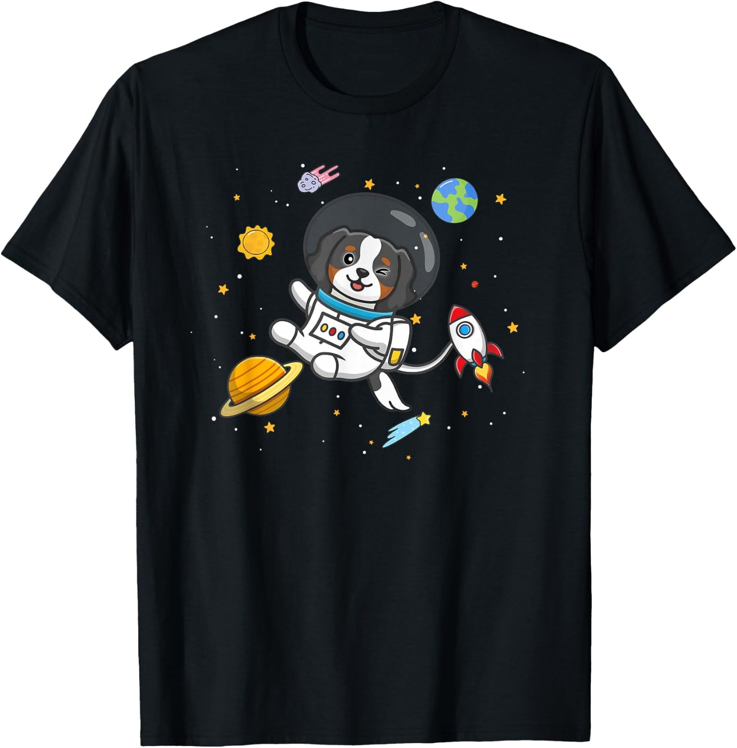 Kids Girls Boys Astronaut Space Tri Color Cavalier Dog Mom T-Shirt - T-Shirt | Black