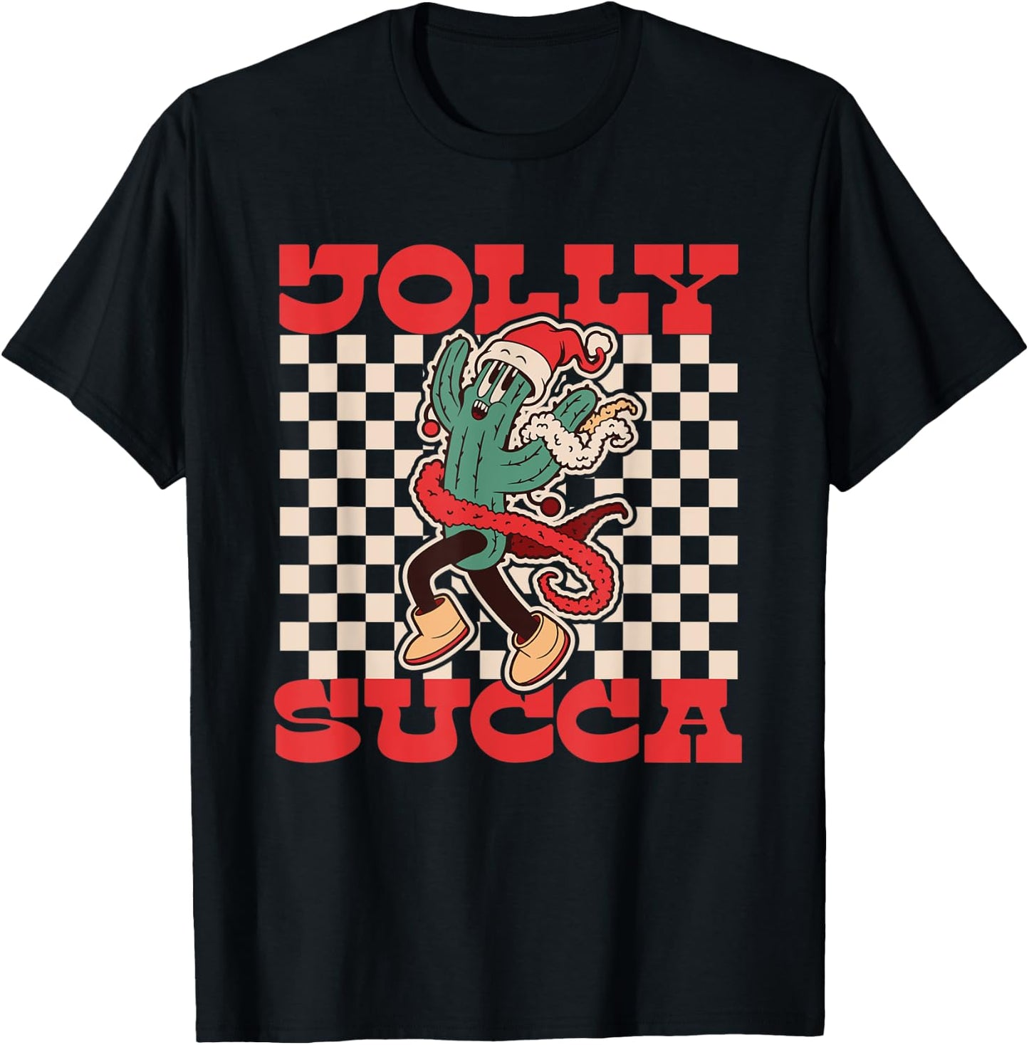 Jolly Succa | Succulent | Retro Cartoon Christmas Cactus T-Shirt - T-Shirt | Black