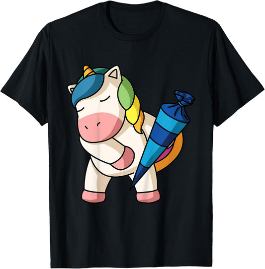 School Cone Unicorn Girls Large Small School Enrolment Girl T-Shirt - T-Shirt | Black