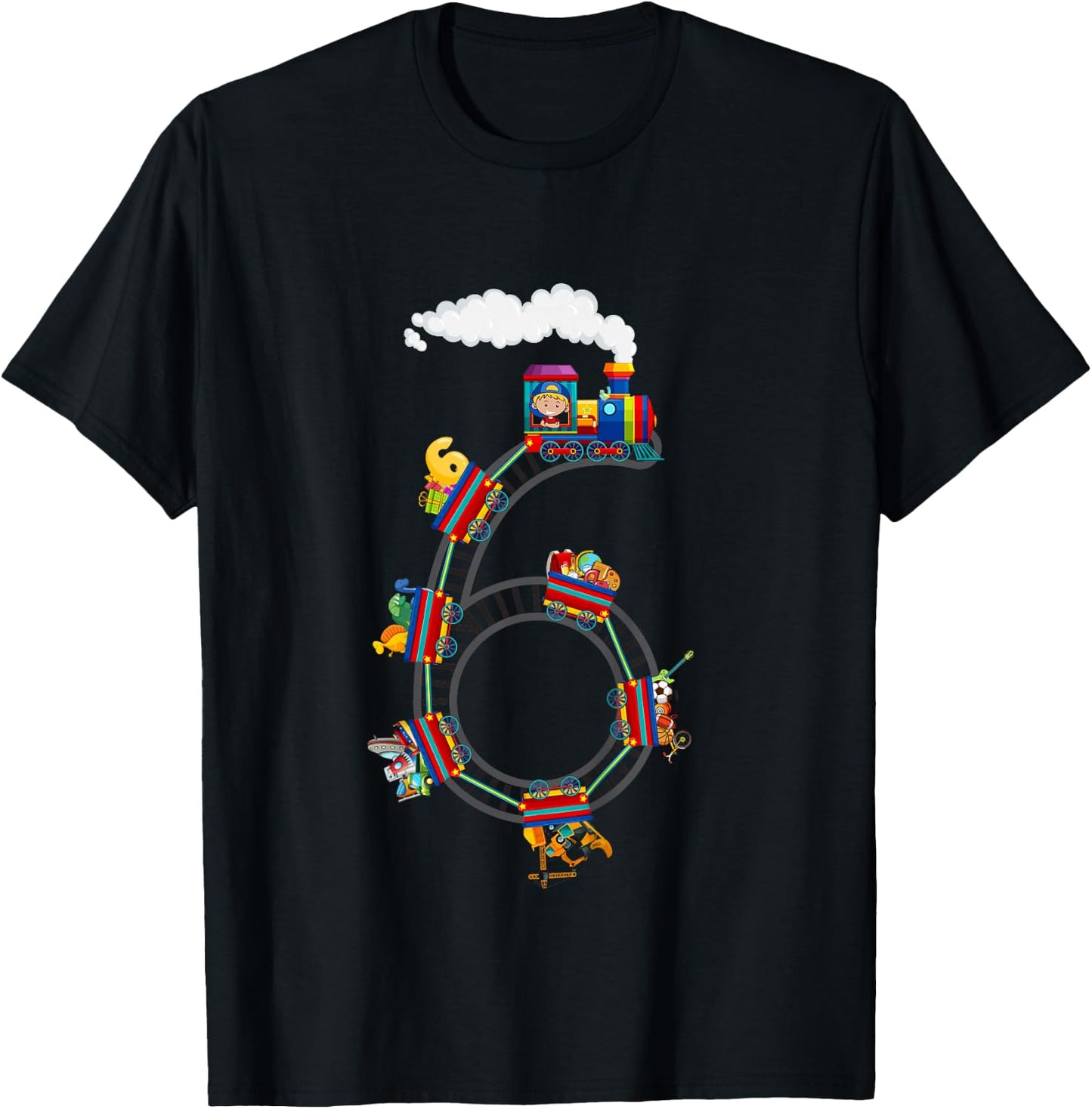 6 Year Old Kids Train 6th Birthday Train Themed Party T-Shirt - T-Shirt | Black