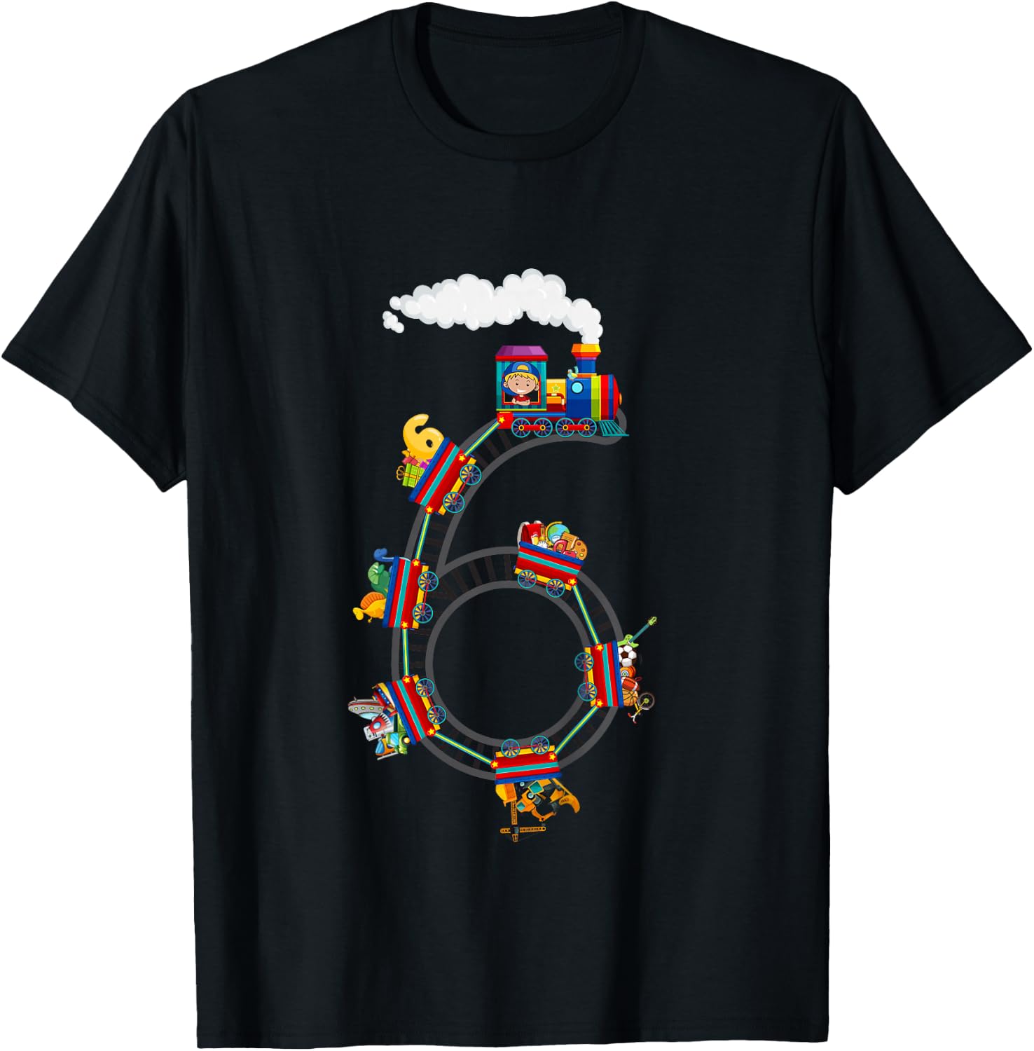 6 Year Old Kids Train 6th Birthday Train Themed Party T-Shirt - T-Shirt | Black