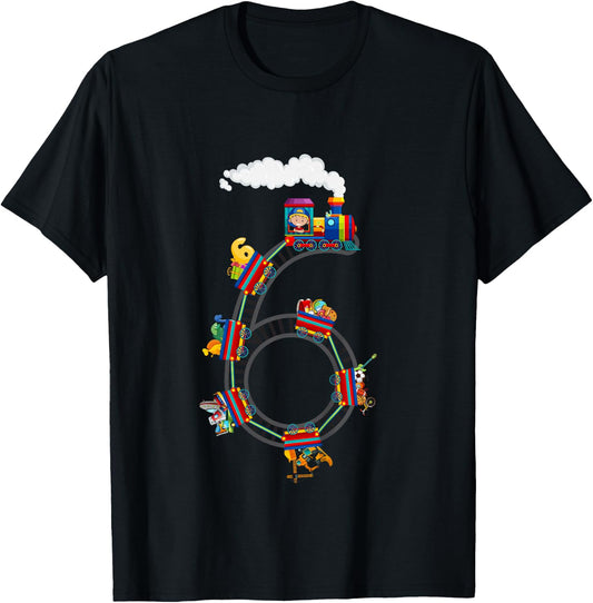 6 Year Old Kids Train 6th Birthday Train Themed Party T-Shirt - T-Shirt | Black