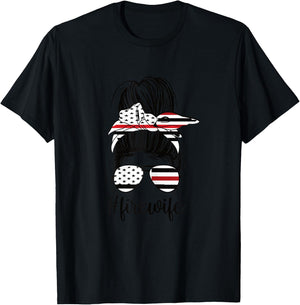 Fire Wife Messy Bun Firefighter Wife Thin Red Line Husband T-Shirt - T-Shirt | Black