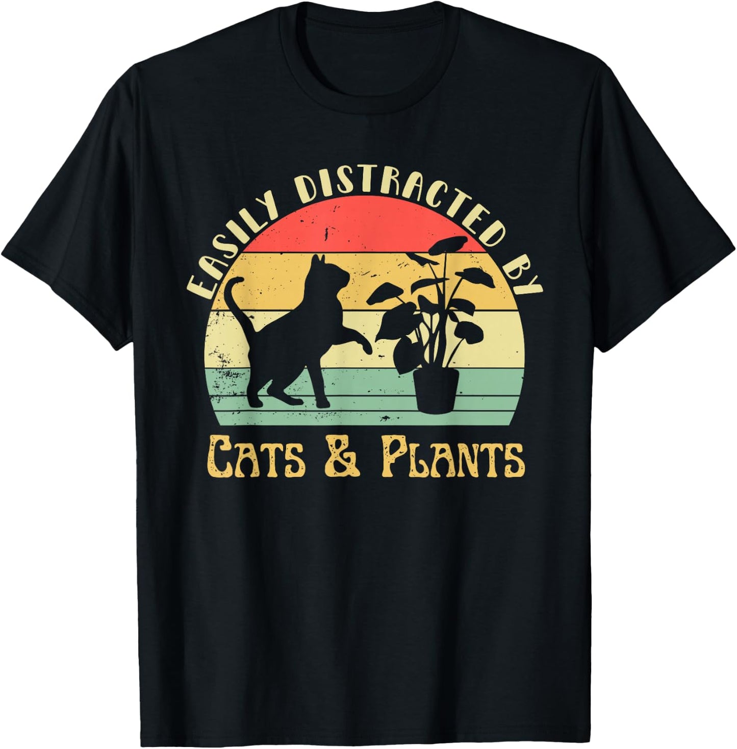 Retro Pet Cat Plant Lover Easily Distracted by Plants & Cats T-Shirt - T-Shirt | Black