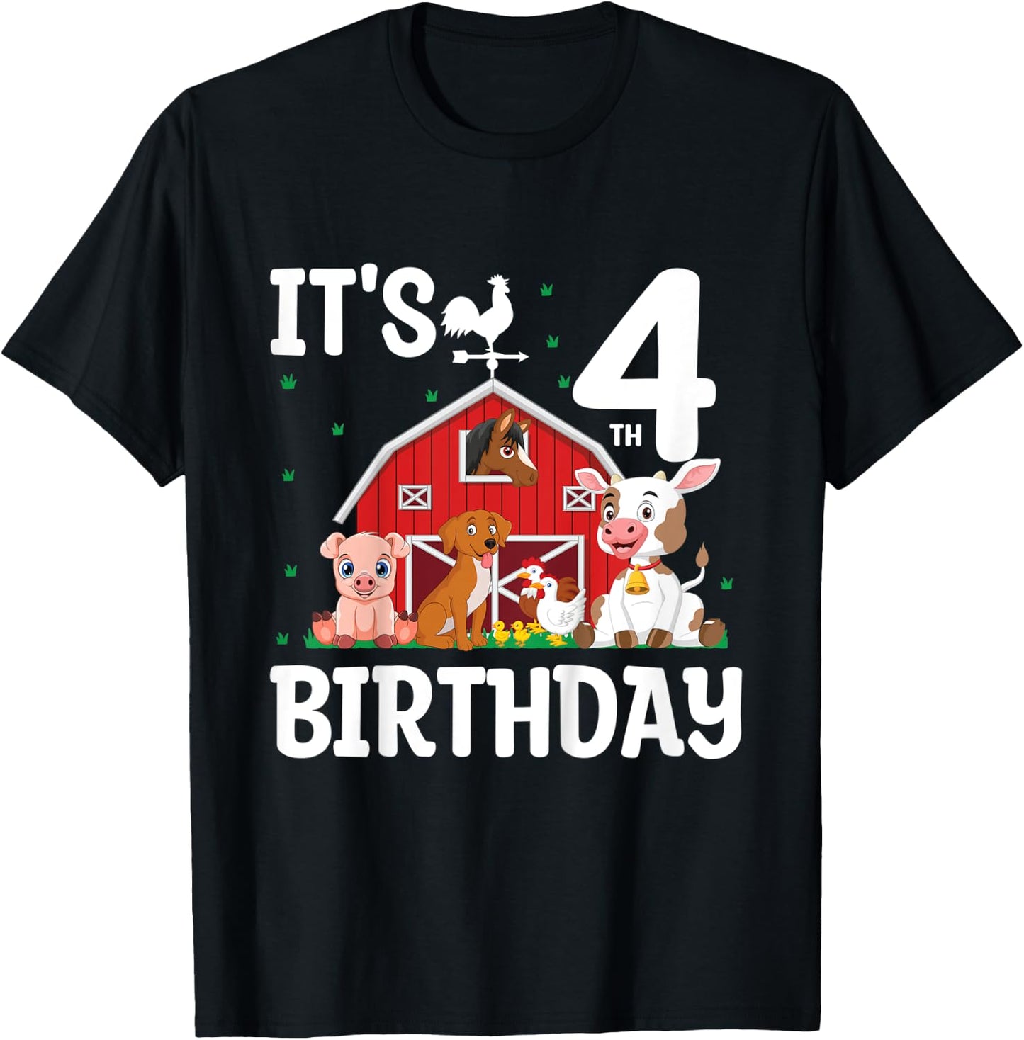 Kids It's My 4th Birthday Farm Animal 4 Years Old Birthday Party T-Shirt - T-Shirt | Black