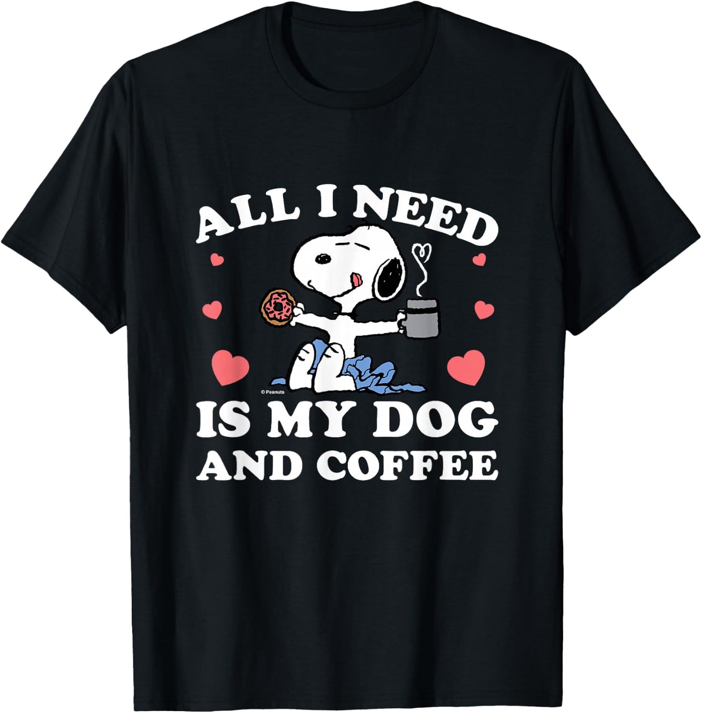 Peanuts - Snoopy All I Need My Dog And Coffee Hearts T-Shirt - T-Shirt | Black